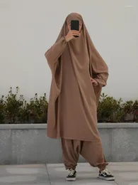 Abbigliamento etnico Eid Donne musulmane Abito lungo da preghiera Khimar Set da 2 pezzi Abito Abaya Pantaloni Harem Copertura completa Ramadan Caftano Jilbab Djellaba