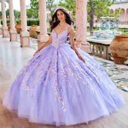 Сиреневое сексуальное платье Quinceanera с цветочным принтом на тонких бретельках, 2024, кружевное платье с блестками и аппликацией в баскском стиле, Vestidos De 15 Quinceanera