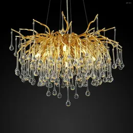 Chandeliers Gold Frosted Finish Branch Chandelier Round Crystal Dining Room Light Fixtures Teardrop Pendant Lights Kitchen