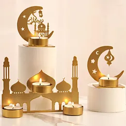 Portacandele Eid Mubarak Decorazioni per la casa Candeliere Castello Decorazione Ramadan Portacandele Luna Metallo Oro Musulmano islamico