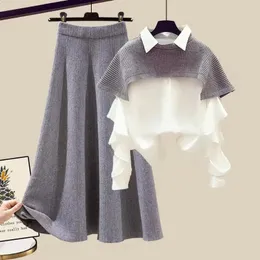Весенние и осенние костюмы, женский стиль, модная застежка на талию, тонкая шаль, уменьшающая возраст, рубашка, юбка, комплект из трех предметов 240202