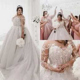 2020 Plus Size Wedding Dresses Long Illusion Sleeves Lace Applique Jewel Sheer Neck Beaded Pearls Custom Made Chapel Wedding Brida276f