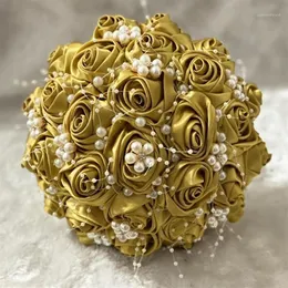 装飾的な花の花輪手作りの結婚式のブライダルビーズホールディングブーケダイヤモンドパールブライドメイイドかわいい金のマリア