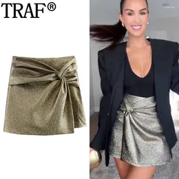 Etekler traf skort kadınlar için skort düğümlü mini etek pantolon yüksek bel pileli altın kısa kadın moda sonbahar y2k