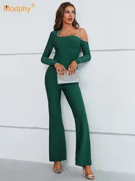 Women's Two Piece Pants Modphy Women Winter Sexy Bare Arms Designer Bandage Set Long Sleeve Asymmetrical Top High Waist Trousers