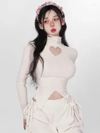 Женские футболки Y2k Эстетическая водолазка с длинным рукавом Универсальные корейские модные сексуальные футболки с вырезами в форме сердца Нерегулярные тонкие сказочные укороченные футболки