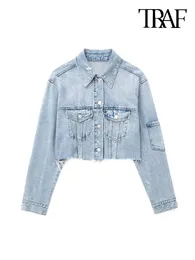 Jaquetas femininas Traf Mulheres Moda Patch Bolsos Rasgado Denim Cropped Casaco Vintage Manga Longa Desfiada Hems Feminino Outerwear Chic Tops