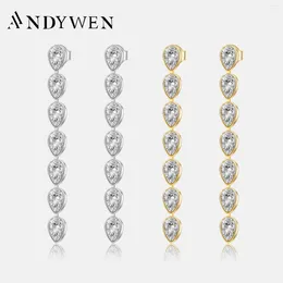 Dingle örhängen Andywen 925 Sterling Silver Gold Pear CZ Drop Line 43cm 3 5mm örhänge Women Luxury Wedding Crystal Fine Jewelry 2024 Gift