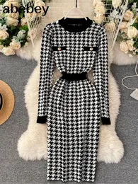 Casual Dresses Pink Houndstooth Autumn Knitted Midi Dress Ladies O Neck Long Sleeve Elastic Waist Sexy Knit Women Slim Warm Sweater