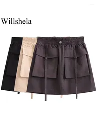 Saias Willshela Mulheres Moda Com Bolsos Sólidos Lace Up Mini Vintage Cintura Alta Elástica Feminino Chic Lady Curto