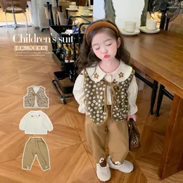 Clothing Sets Autumn Spring 3 Pieces Clothes Set Baby Girl Retro Floral Vest Cotton Shirt And Pant Suit Children Girls Coat Jacket Outfits