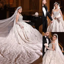 Matrimonio squisito abito pailletto squisito abito da ballo lussuoso pizzo senza maniche perle perle Vestido de Noiva abito da sposa su misura