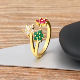 Söt kvinnlig kristall öppen justerbar ring charm 14k gula guld kvinnor läckra brud blomma zirkon engagemang smycken fest gåva