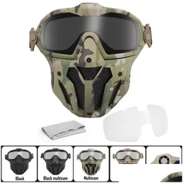 Ciclismo Caps Máscaras 2 Lente Tático Fl Máscara Facial Com Micro Ventilador Anti Nevoeiro Caça Tiro Máscaras de Combate Militar Airsoft Paintball Gog Otoih