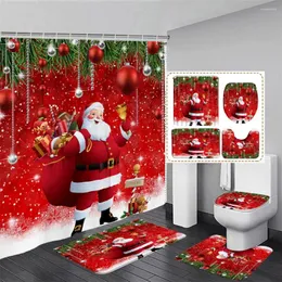 Занавески для душа Красный Рождественский комплект занавесок Забавный Санта-Клаус Рождественские шары Зеленая ветка сосны Подарок Декор для ванной комнаты Коврики для ванной Крышка унитаза