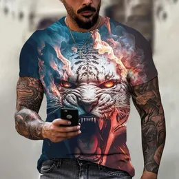 남자 T 셔츠 사자 프린트 티셔츠 3D 호랑이 표범 패턴 짧은 소매 여름 남자 빠른 건조 큰 캐주얼 편안한 옷