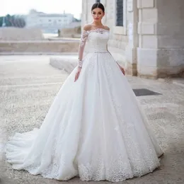 Off Axel Wedding Dresses Sexig elegant långärmad högkvalitativ 3D blommig spets plus storlek arabiska brudklänningar svep Train Vestidos de novia 2024 Ny brud