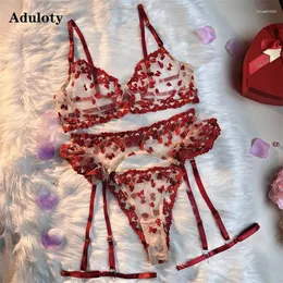 Conjuntos de sutiãs Aduloty Mulheres Sexy Underwear em forma de coração Bordado Splicing Strap Erótico Lingerie Verão Fino Malha Perspectiva Conjunto de Sutiã