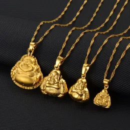Chinesischer religiöser Schmuck Guanyin Maitreya Buddha 14 Karat Gelbgold Anhänger Halskette Amulett Segne Frieden, viel Glück und gesundes Wachstum