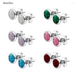 Stud Earrings 1Pair Fashion Round Studs Small Ear Opal Stone Stainless Steel 6 Colors Button Jewelry Men Women