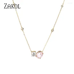 Hänge halsband zakol mode rosa ovala kubiska zirkonier för kvinnor geometriska guldfärg choker flickor fest smycken