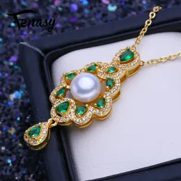 Pendants FENASY Bohemian Party Luxury Emerald Gold Color Pendant Natural Freshwater Pearl Necklaces For Women Idea Gift
