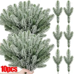 Flores decorativas 5/10 unidades de agulhas de pinheiro artificiais, ramos foscos de neve de Natal, folhas de vegetação falsa, ramos, haste, decorações de guirlanda de Natal