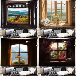 Customizable imitation window mountain view tapestry sea forest wall hanging home cloth blanket 240127