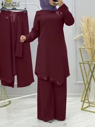 Ethnische Kleidung ZANZEA Frauen Ramadan Muslim Passende Sets 2PCS Vintage Pailletten Langarm Bluse Hosen Anzüge Mode Dubai Türkei Islamischen