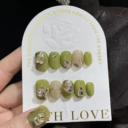 Ręcznie robiona zielona prasa na paznokci Krótki koreański kleje wielokrotnego użytku Fałszywe paznokcie Pełna pokrywa paznokcie