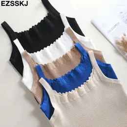 Women's Tanks Summer Knit Tank Tops Women Sexy Girls Camisole Slash-neck Top Sleeveless T Shirt Short Female Basic Camis High Quality