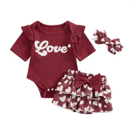 Clothing Sets Baby Girl Valentine's Day Outfits Letter Print Short Sleeve Ribbed Knit Rompers Heart Skorts Headband 3Pcs Clothes Set