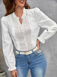 Женские блузки, элегантные кружевные модные модные пышные топы с длинными рукавами, повседневная белая рубашка, молодежная женская рубашка 2024