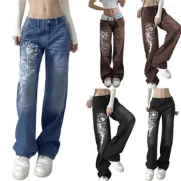 Jeans femininos mulheres cintura baixa y2k gráfico denim casual solto reto sino inferior bootcut leggings streetwear calças largas