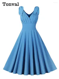 Vestidos casuais tonval azul cintura alta vintage mulheres verão tanque vestido v-pescoço ruched busto cor sólida magro retro festa