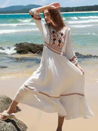 الفساتين غير الرسمية خالي يو بوهو الرجعية الأزهار التطريز فستان الصيف القطن الأبيض الأكمام طويلة