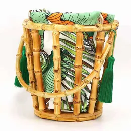 New Bamboo Woven Bag Summer Round Bamboo Basket Water Bucket Bag Tassel Bamboo Root Woven Bag Countryside Handheld Grass Woven Beach Bag