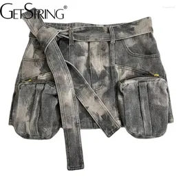 Женские шорты GetSpring, женские летние камуфляжные джинсовые юбки с несколькими карманами и низкой талией, весна 2024, модные универсальные модели