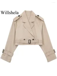 Женские плащи Willshela, женская мода с поясом, укороченная куртка, винтажная куртка с вырезом и длинным рукавом, женское шикарное пальто, женская одежда