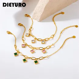 Charme Pulseiras Dieyuro 316L Aço Inoxidável Quadrado Verde Branco Rosa Zircão Pulseira Para Mulheres Menina Moda Pulso Cadeia Jóias Senhora Presente