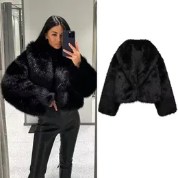 TRAF Schwarzer Kunstpelzmantel für Damen, Herbst-Winter-Plüschwollmäntel, schwarze Wollmischungen, Mäntel, Oberbekleidung, langärmelig, warmer Pelzmantel 240124