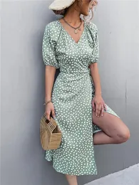 Party Dresses Chiffon Dress Women Long Polka Dot Print Side Wrap Female V Neck Puff Sleeve Boho Fashion A-line Split Summer