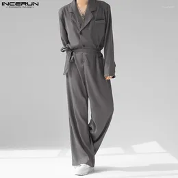 Herrbyxor incerun män jumpsuits fast färg lapel långärmad koreansk stil mode rompers streetwear lös 2024 avslappnade overaller s-5xl