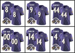 Baltimore''Ravens''Men 4 Zay Flowers 8 Lamar Jackson 9 Justin Tucker 14 Kyle Hamilton Mulheres Juventude Personalizado Roxo F.U.S.E com Patch Throwback Vapor Limited Jersey