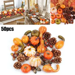 Decorative Flowers 50Pcs Halloween Artificial Pumpkin Autumn Fall Wreath Maple Leaves Pine Cones Set For Christmas Thanksgiving Decor