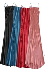 PUWD Vintage Woman V Neck Silk Spaghetti Strap Dress Spring Elegant Ladies Soft Side Slit Long Dresses Female Chic Dress 2105241711843