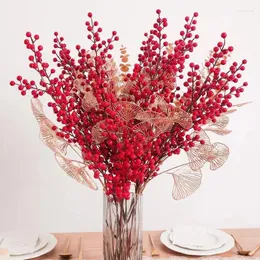 Dekorativa blommor 1st jul röd bär bukett falsk växt för hemvasdekor xmas träd ornament år fest vardagsrum dekoration