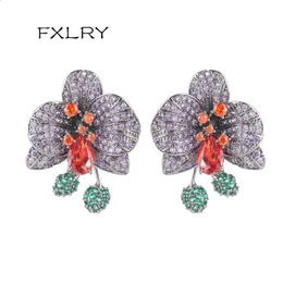 FXLRY Fashion AAA Cubic Zirconia Yellow/ Purple Flower Stud Earring For Women Wedding Jewelry 240123