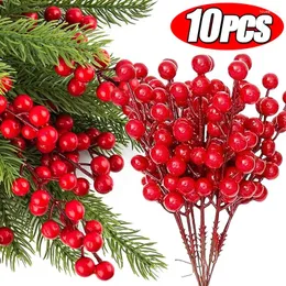 Flores decorativas artificiais de natal, bagas vermelhas, hastes, guirlanda de árvore de natal, ornamento de árvore de azevinho, decoração de galhos, artesanato diy, festa em casa