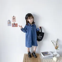 Girl Dresses Girls Dress Spring Autumn Long-Sleeve Solid Color Denim Casual Loose Pocket Toddler Kids Clothes Korean Style 2-6Y